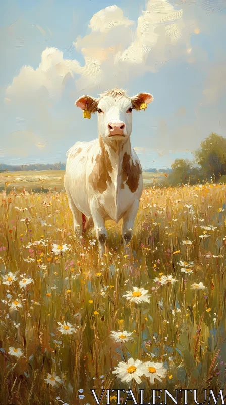 AI ART Serene Cow in a Floral Field