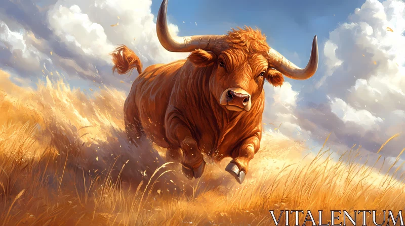 Powerful Bull in Sunlit Landscape AI Image