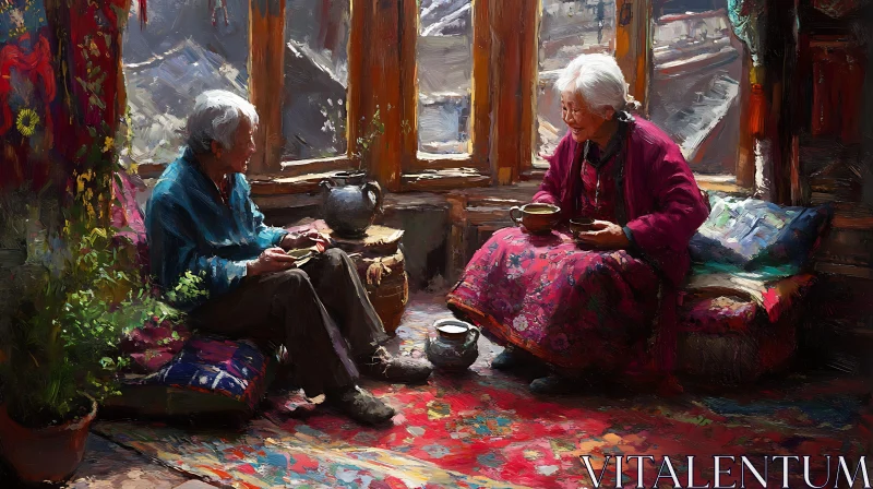 Elderly Couple Sharing Tea and Stories AI Image