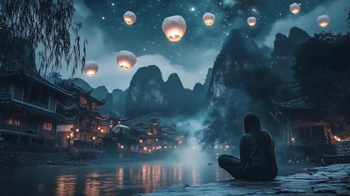 Serene River Night with Floating Lanterns