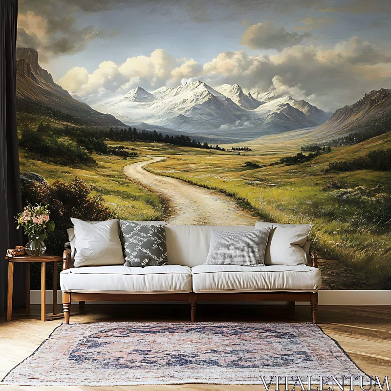 Living Room with Elegant Mountain Mural AI Image