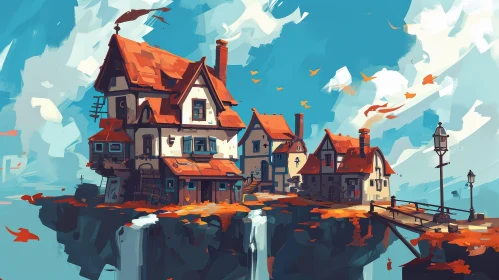 Enchanting Fantasy Village Painting on a Floating Island