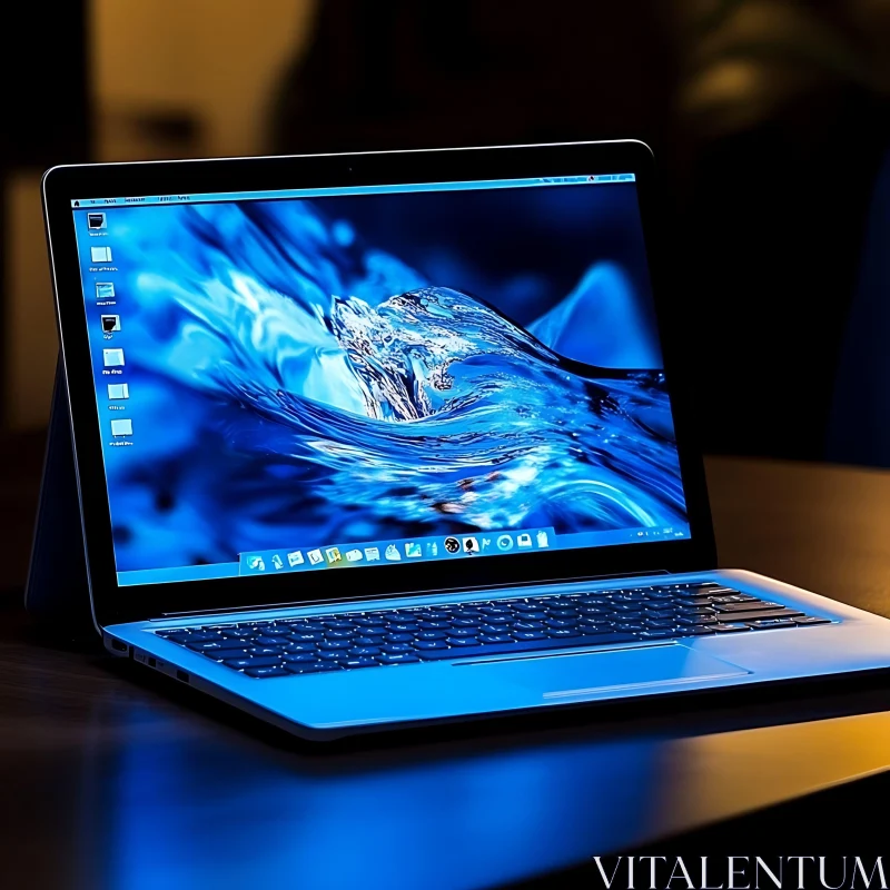 Modern Laptop on Desk with Water-Themed Screen AI Image