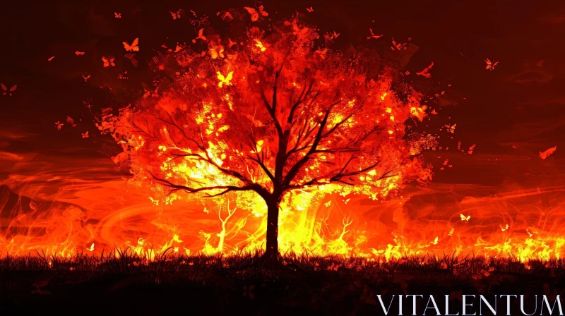 Fiery Landscape with a Striking Tree - Awe-inspiring Nature Art AI Image