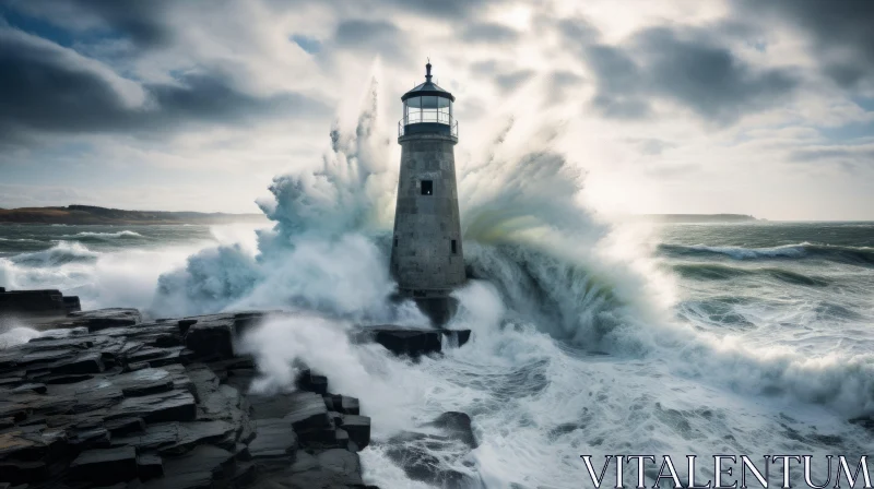 Ireland's Lighthouse Amidst Waves - A Photorealistic Portrayal AI Image