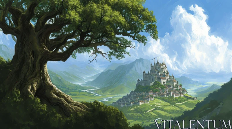 Landscape of a Green Valley with a Castle and Serene Atmosphere AI Image