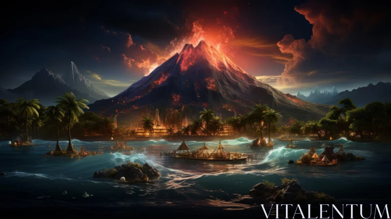 Mysterious Island with Volcano and People - Enchanting Realms AI Image