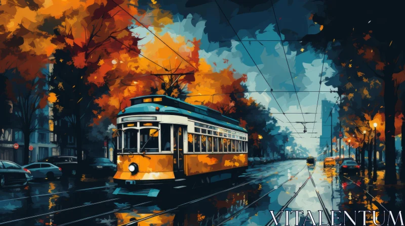 Orange Trolley Painting in Warm Color Palette with Retro Style AI Image