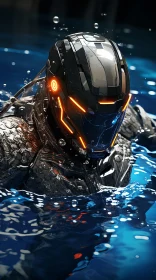 Science Fiction Underwater Scene with Cybernetic Superhero
