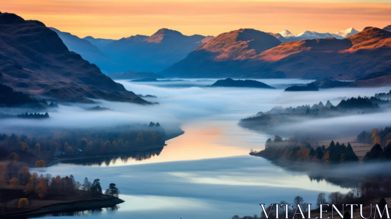 Tranquil Sunrise Over Lake - Mystical Scottish Landscape AI Image