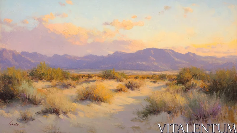 AI ART Sunset Over Desert Dunes and Mountains