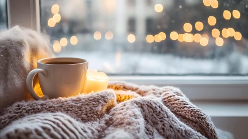 Warm Coffee Cup on Knitted Blanket