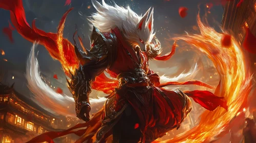 Fiery Kitsune Warrior in Ancient Setting