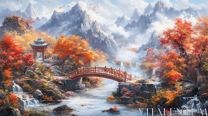 Scenic Autumn Landscape with Bridge AI Image