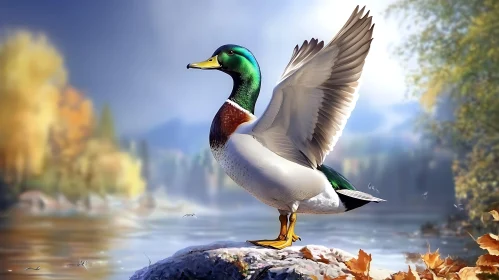 Duck Spreading Wings by Lake