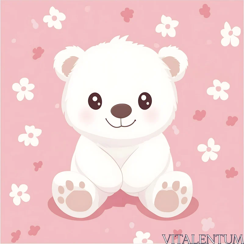 Cute White Bear Plush on Floral Pink AI Image