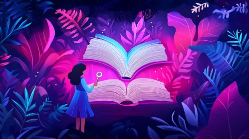 Whimsical Book Illustration with Girl and Flora