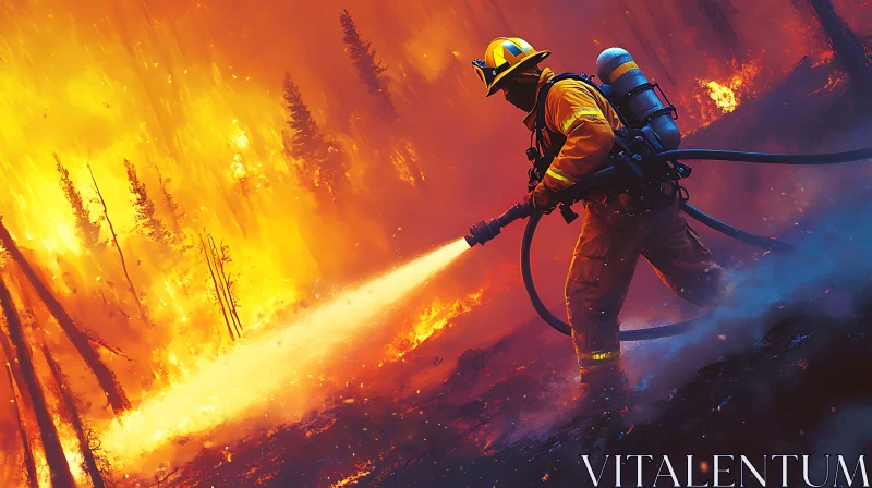 Brave Firefighter in Action Amidst Forest Blaze AI Image