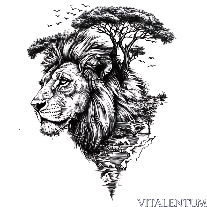 AI ART Monochrome Lion Landscape