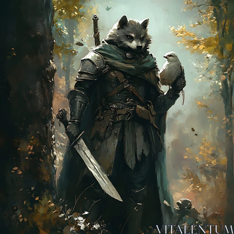 AI ART Armored Raccoon Holding Bird