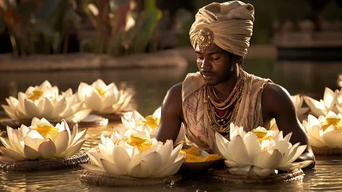 Man in Water with Lotus