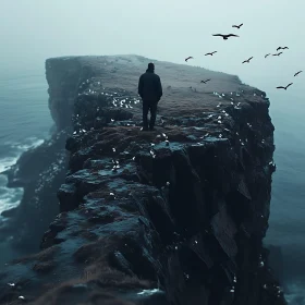Man on Cliff with Birds