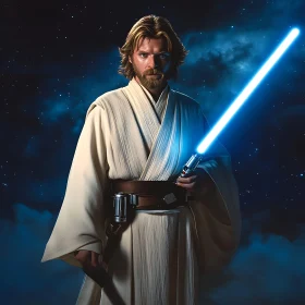 Man in Robe Holding Light Saber