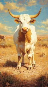 Sunlit Horned Cow in Pasture