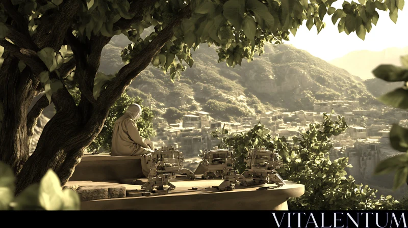 Meditative Monk with Robots Landscape AI Image