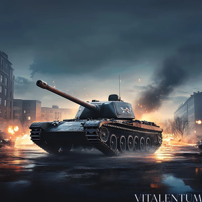 Military Tank in Urban Conflict AI Image