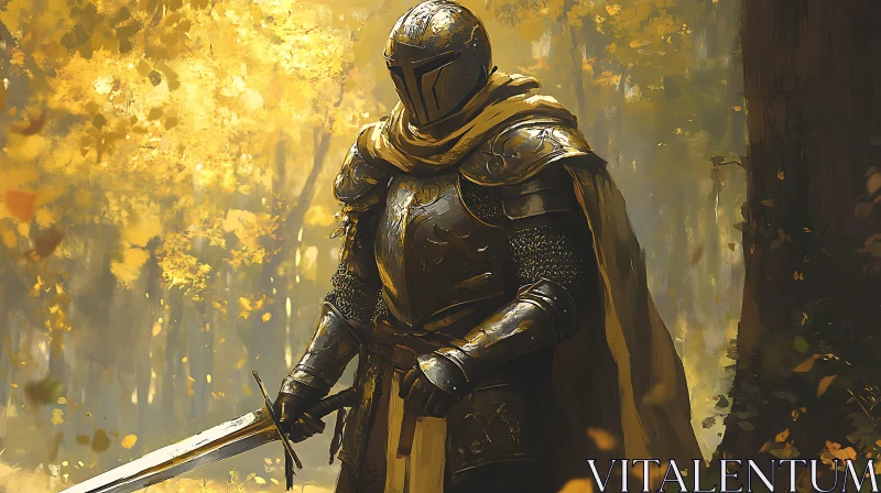 Armored Knight in Autumnal Forest AI Image