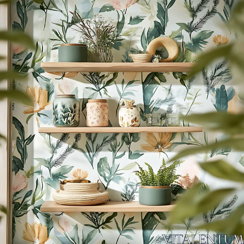 Floral Wallpaper and Decorative Shelves AI Image