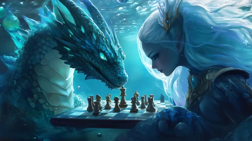 Underwater Chess Game Between Dragon and Woman