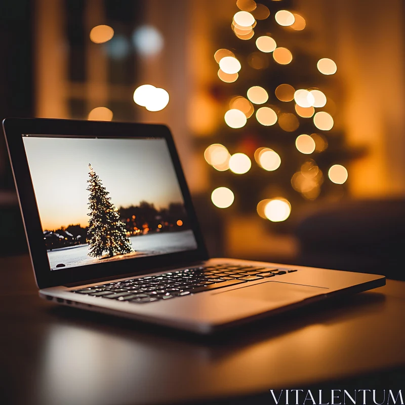 Festive Laptop Display and Glowing Christmas Tree AI Image