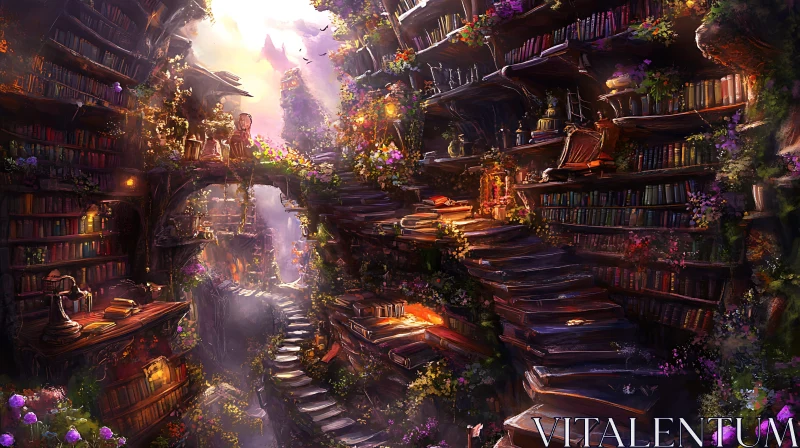 AI ART Fantasy Bookshelf with Floral Decor