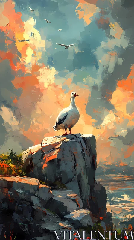 Sunset Over the Ocean with Seagull AI Image