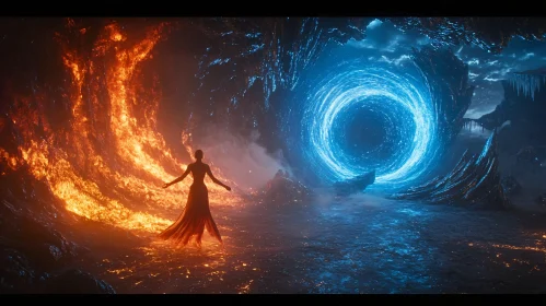 Woman Between Fire and Ice Portals