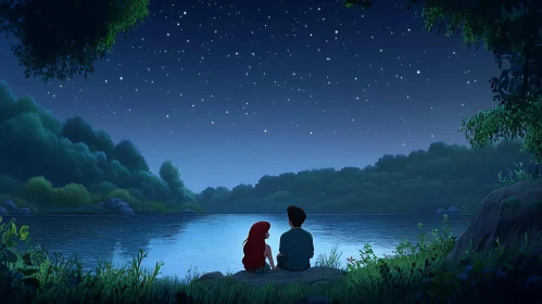 Couple Gazing at Stars by Lake