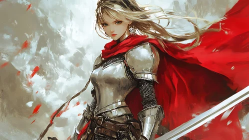 Female Knight with Sword and Red Cloak