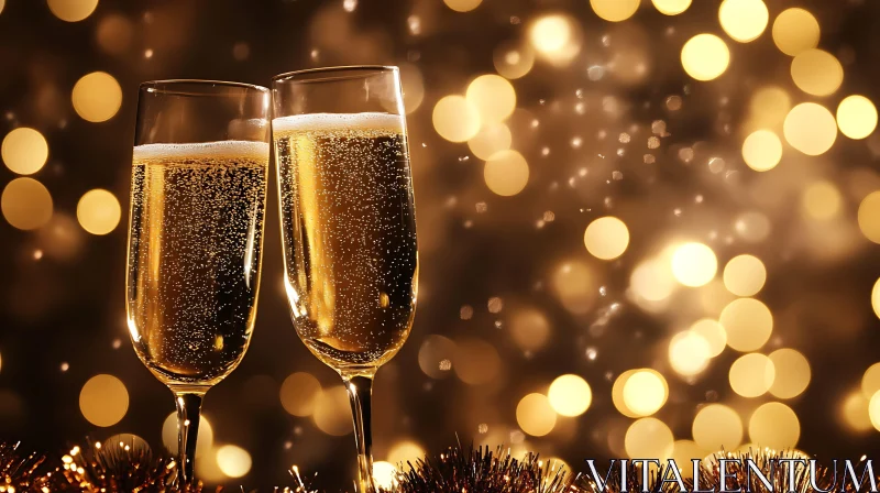 Golden Champagne Flutes Bokeh Background AI Image