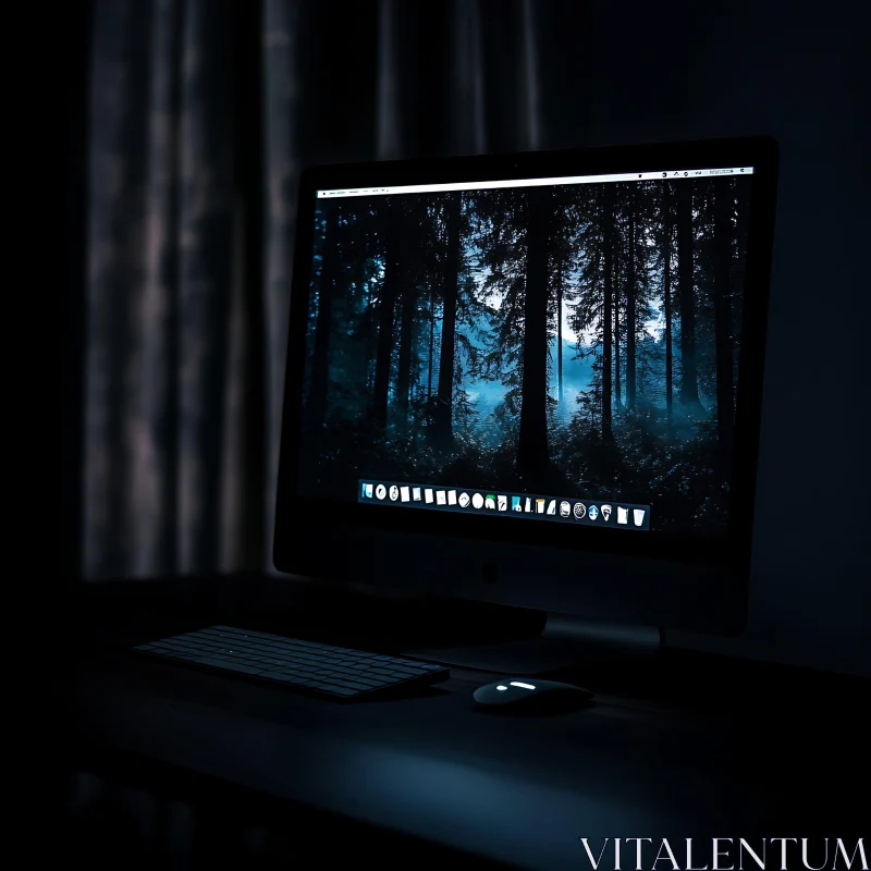 Computer Screen with Nighttime Forest Wallpaper AI Image