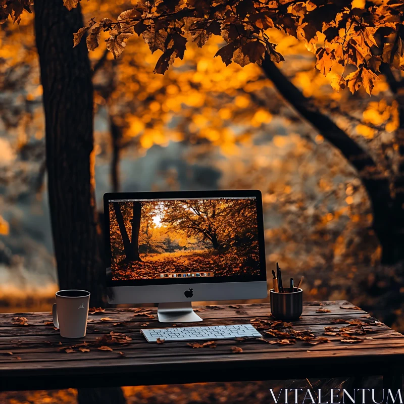 Nature-Inspired Workspace in Autumn Forest AI Image