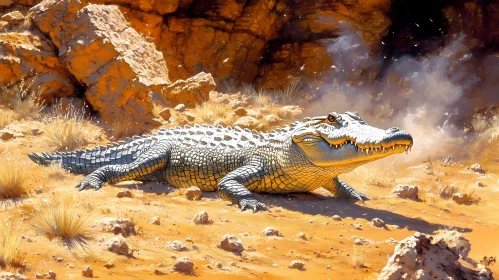 Sunlit Crocodile in Desert