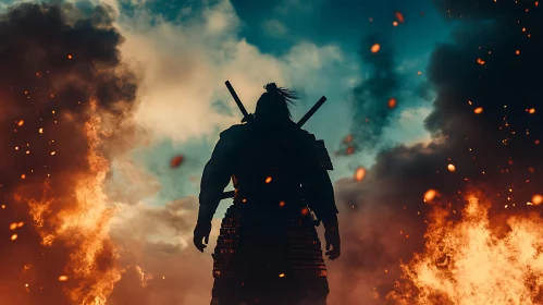 Silhouette of a Samurai in Fiery Landscape