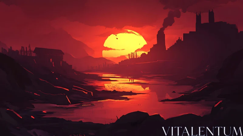 AI ART Crimson Sunset River Scene