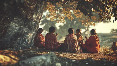 Women in Saris Under Tree