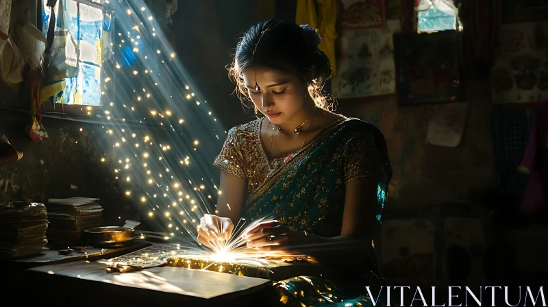 Woman in Saree Working in Sunlight AI Image