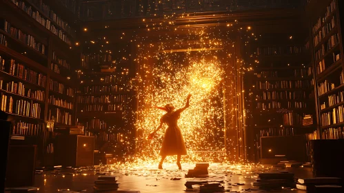 Magical Library with Figure and Sparks
