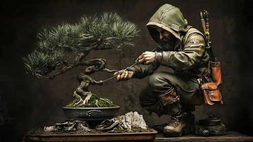 Hooded Figure Pruning a Bonsai Tree