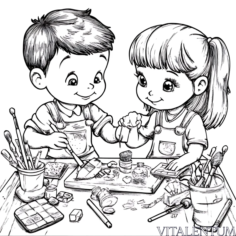 Sketch of Children Painting Together AI Image